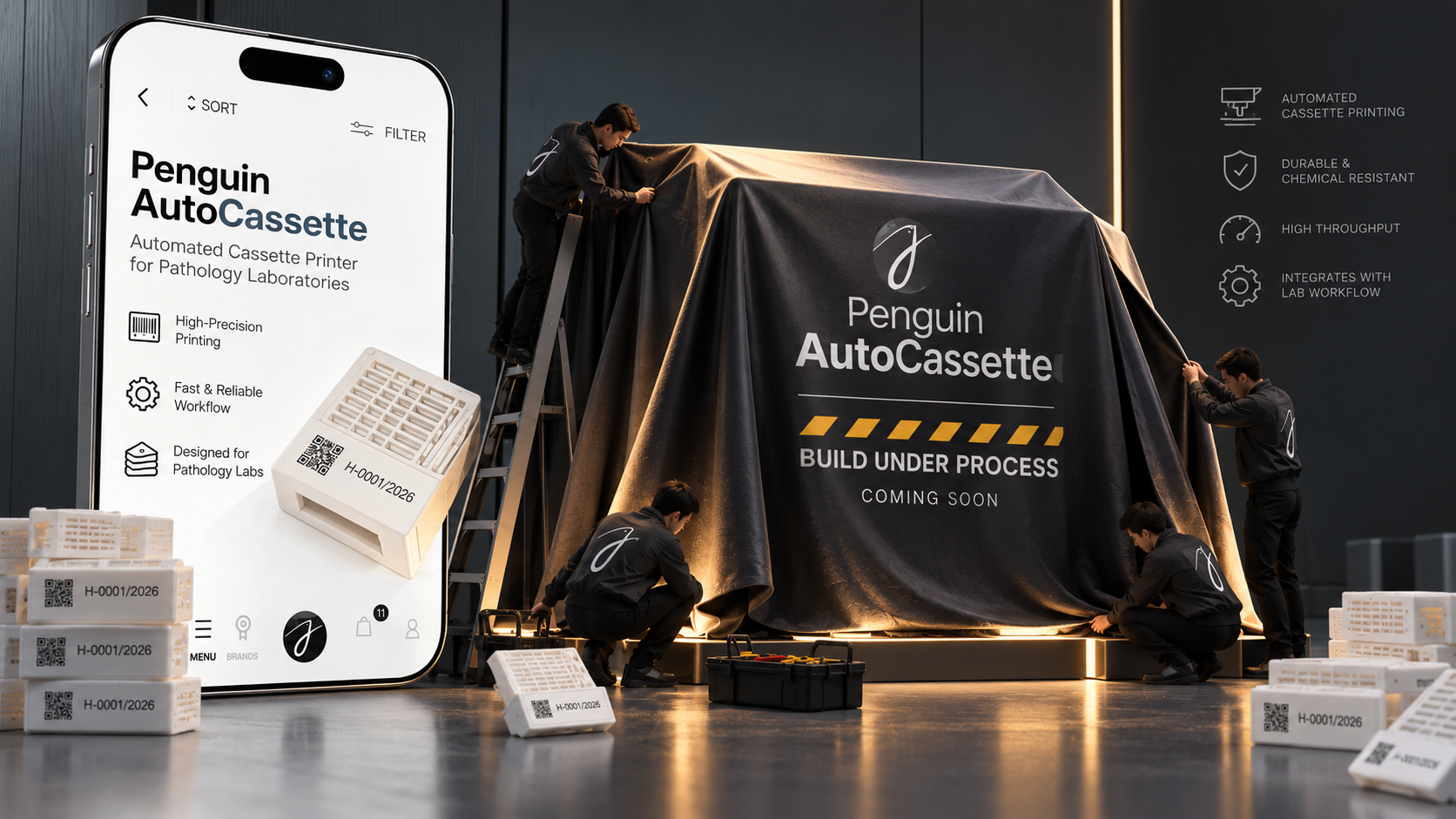 Penguin AutoCassette automated pathology cassette printer reveal concept